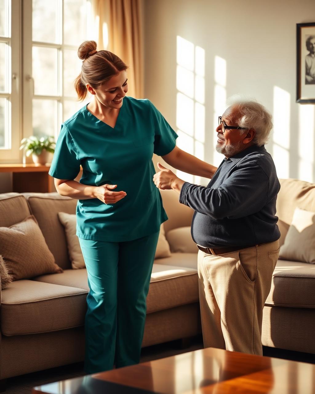 A White female caregiver respectfully assisting a senior client at home