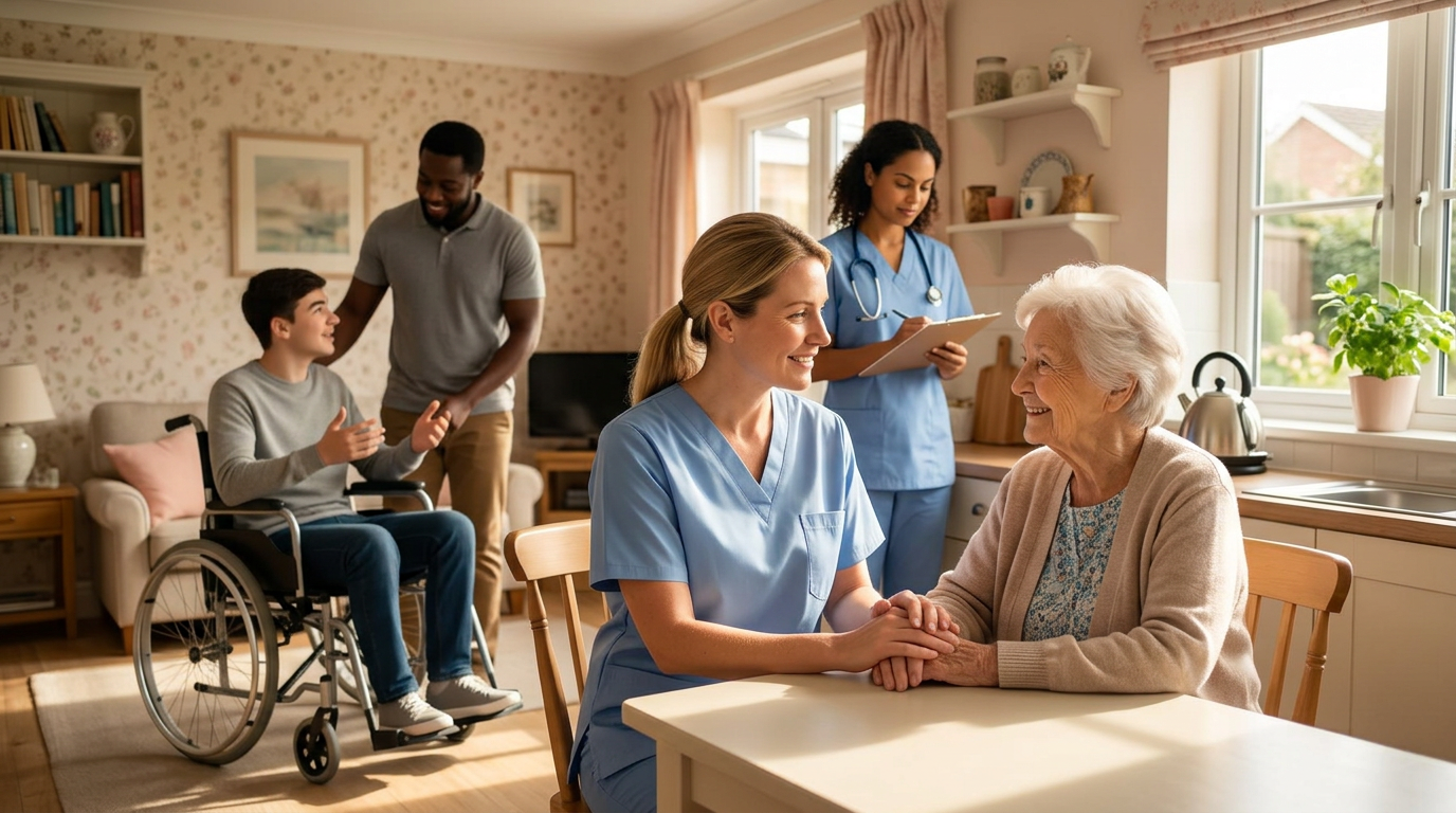 A diverse Vital Care Access team — a White female caregiver supporting an elderly woman, with a Black support worker assisting a young adult in a wheelchair and a Mixed Race nurse — in a warm British home
