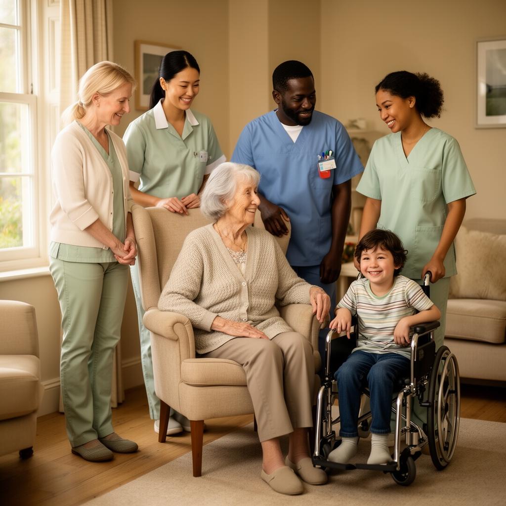 An elderly White woman seated in her home with a young disabled child in a wheelchair, surrounded by a diverse team of White, Asian, Black, and Mixed-Race caregivers